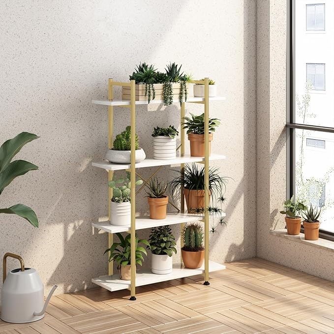 Bookshelf 4 Tiers White and Gold Wooden Storage Shelf,Modern Open Display Storage Bookcase Book Organizer,Metal Bookshelf Standing Storage Shelf Tall Shelving Units for Home Office Study