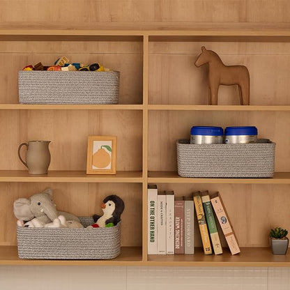 Large Shallow Organizing Baskets 15x11x5.1 Inches - Rope Woven Storage Bins for Bathroom, Shelves, Cube Closet, Mixed Grey 2 Packs