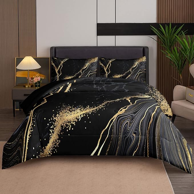 Tailor Shop Marble Bedding Set Soft Microfiber Black and Gold Comforter Set King Size for Kids Men and Women with 1 Marble Comforter and 2 Pillowcases……