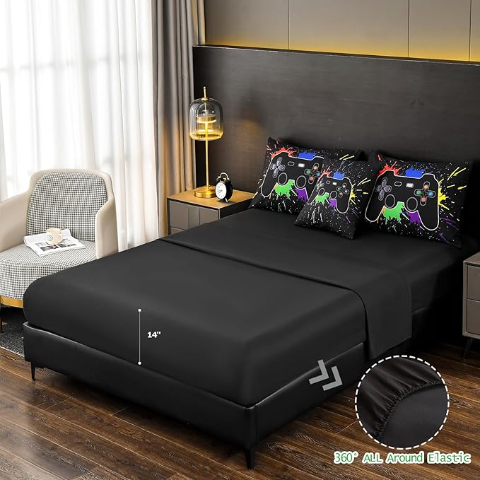 DORCAS Full Size Gamer Comforter Set with Sheets for Boys,Game Console Black Bedding Set for Kids,6 Pieces Bed in a Bag Colorful Graffiti Gaming Controller Comforter,Sheets,Pillowcases (Black, Full)
