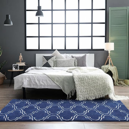 Chicrug Shag Geometric Modern Runner Rug for Bedroom, 2x6 Feet Memory Foam Indoor Hallway Runner Carpet, Fluffy Rug for Living Room Bedside Room Decor for Family, Navy/White