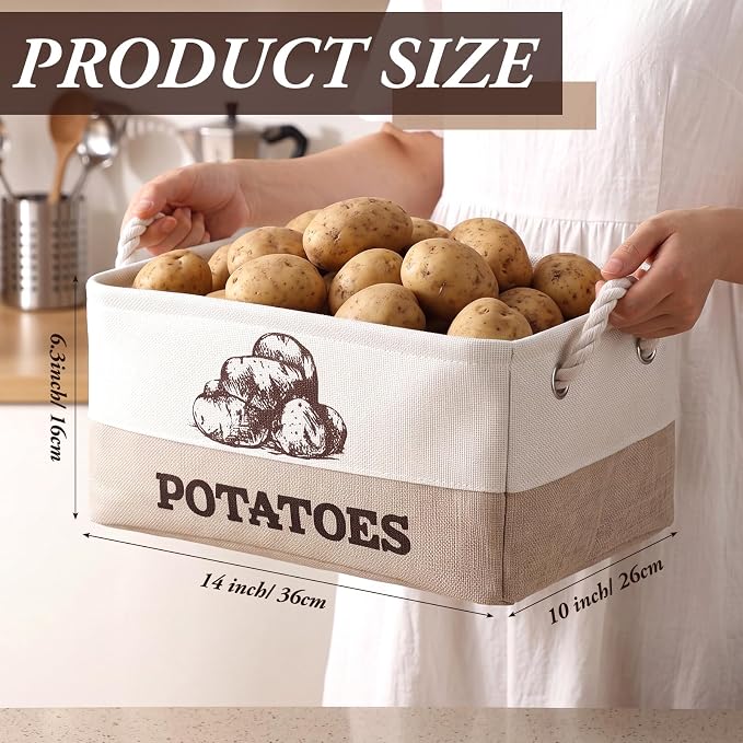 Marsui 2 Pcs Potato and Onion Storage Baskets with Handles, Foldable Kitchen Vegetable Storage Bins, Rustic Countertop Pantry Organizer for Potatoes, Onions, Fruit, Vegetables