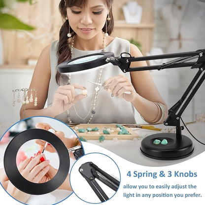 Magnifying Glass with Light and Stand, Veemagni 8X Real Glass 2-in-1 Desk Lamp & Clamp, 3 Color Modes Stepless Dimmable, LED Lighted Magnifier with Light for Hobby Reading Crafts Repair Close Works