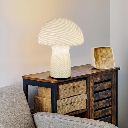 Mushroom Lamp,Glass Table Bedside Lamps,Translucent Vintage Style Striped Small Night Mushroom Decor Light for Ambient,Kids,Bedroom,Living,Gift (Stripe White)
