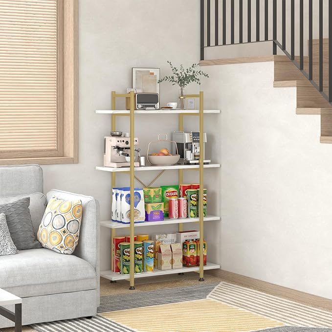 Bookshelf 4 Tiers White and Gold Wooden Storage Shelf,Modern Open Display Storage Bookcase Book Organizer,Metal Bookshelf Standing Storage Shelf Tall Shelving Units for Home Office Study