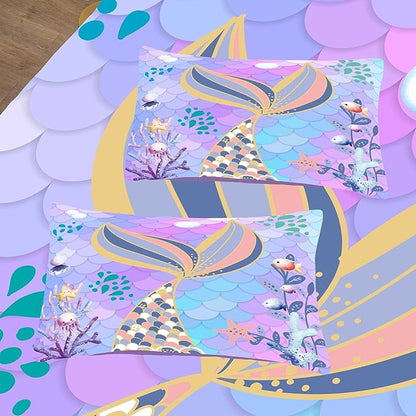 NINENINE Teal Purple Mermaid Comforter Set,Mermaid Tail Bedding Set,Twin Size Bedding Sets for Girls,Colorful Glitter Comforter Sets for Kids with 1 Comforter 1 Pillowcase…
