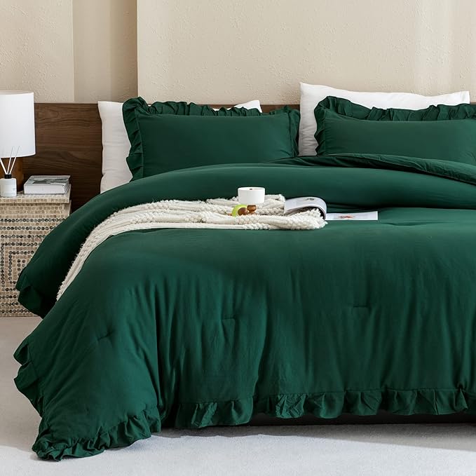 Andency Dark Emerald Green Comforter Set King, 3 Pieces Lightweight Ruffle Bedding Comforter Sets, Farmhouse Ruffle Bed Comforter Set, Lightweight and Soft Bedding Comforter for All Seasons