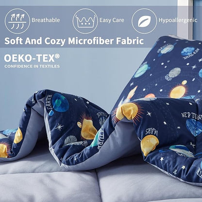 Kids Bedding Set for Boys, Queen Size 7 Pieces Space Themed Bed in a Bag, Super Soft Lightweight Microfiber Comforter Set with Sheets, Hotel Quality Durable Children Bed Set