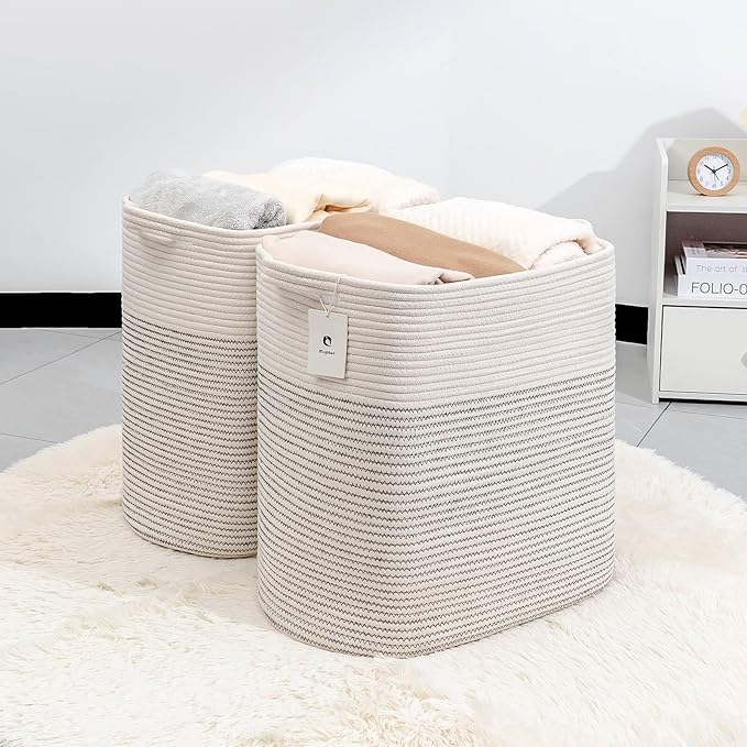 Cloth Large Blanket Basket,Storage Basket Bins Rectangle Small Woven Baskets for Storage, Nursery Cotton Rope Basket Living Room, Toy Basket For Organizing, Clothes Laundry Baskets set of 2