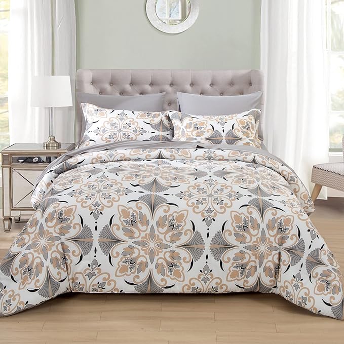 EMME Queen Comforter Set - Grey White Floral Bedding Set 7 PCS with Geometric Flowers Pattern, Soft Plant Printed Botanical Bed Set with Sheets, Fluffy Bed Bag for All Season(90"X90")