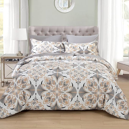 EMME Queen Comforter Set - Grey White Floral Bedding Set 7 PCS with Geometric Flowers Pattern, Soft Plant Printed Botanical Bed Set with Sheets, Fluffy Bed Bag for All Season(90"X90")