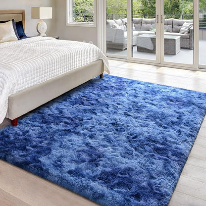 5x8 Large Area Rugs for Living Room, Super Soft Fluffy Modern Bedroom Rug, Tie-Dyed Navy Blue Indoor Shag Fuzzy Carpets for Girls Kids Nursery Room Home Decor