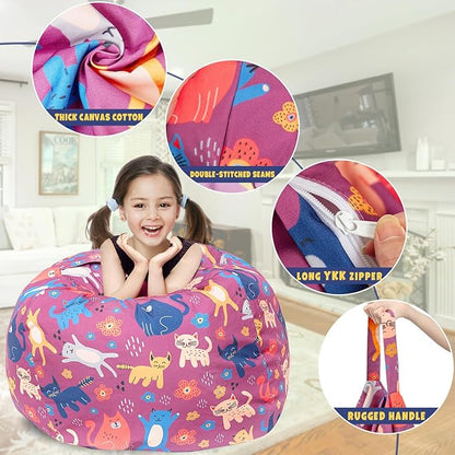 Stuffed Animal Storage Bean Bag Chair Cover, Hold Kids Plush Toys Blankets Towels Beanbag (Cover Only), Canvas Floor Circle Stuff Sit Seat Sofa with YKK Zipper, Large 32", Cat
