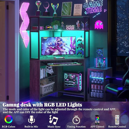 Cyclysio Small Corner Desk with Hutch, Heavy Duty Corner Computer Desk with Power Outlets & LED Light, Triangle Corner Gaming Desk with Keyboard Tray for Home Office, Small Space, Workstation Grey