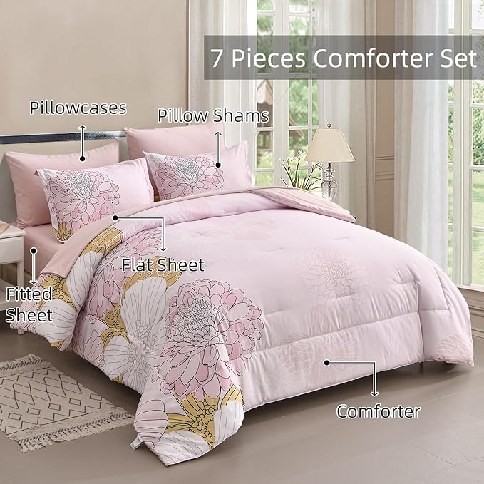 Yiran Bed in a Bag 7 Pieces Pink Colorful Floral Comforter Set Queen Size Soft Microfiber Bedding Set with Comforter,Sheets, Pillowcases & Shams 90"×90"
