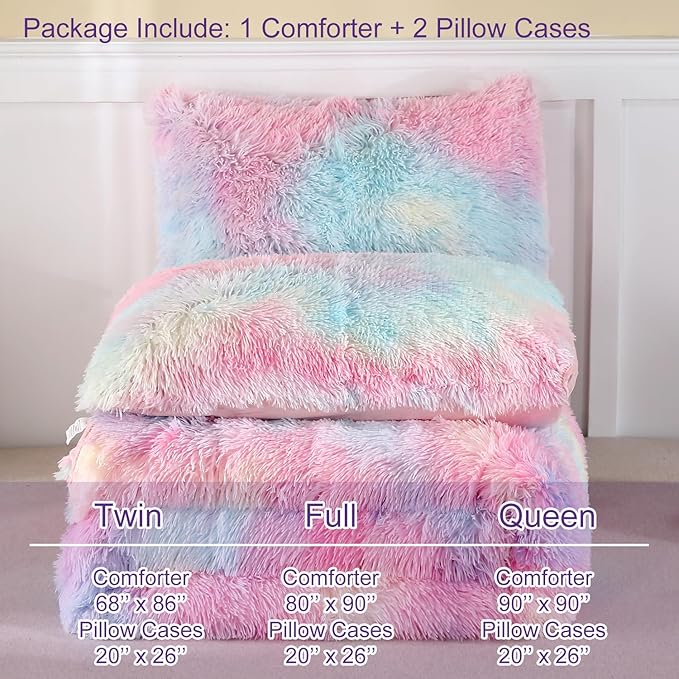 WINLIFE Shaggy Bedding Comforter Set Faux Fur Flannel Furry Comforter Microfiber Long Hair Fluffy Plush Comforter Sets Gradient Ombre Tie Dye MultiColor Bedding for Girls Adults (3Pcs, Full, Rainbow)