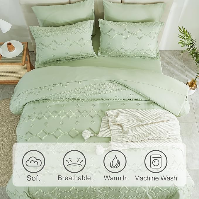 EMME Queen Comforter Set - 7 Pcs Sage Green Boho Bedding Sets, Full Size Tufted Comforter with Sheets, Shabby Chic Embroidery Queen Bed Set Fluffy Bed Bag for All Season(90"X90")