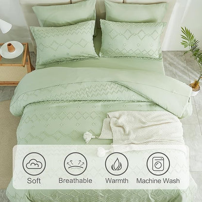 EMME Queen Comforter Set - 7 Pcs Sage Green Boho Bedding Sets, Full Size Tufted Comforter with Sheets, Shabby Chic Embroidery Queen Bed Set Fluffy Bed Bag for All Season(90"X90")