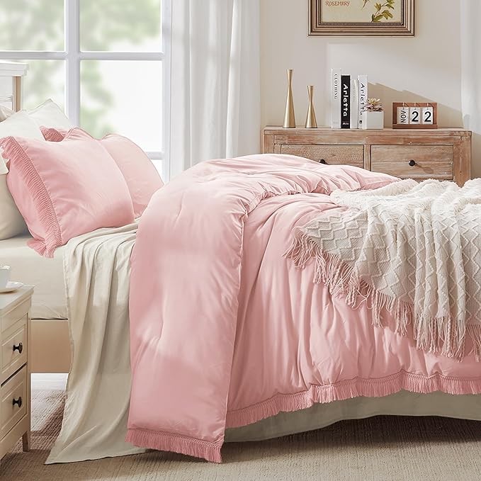 Andency Pink Tassel Comforter Set Full(79x90Inch), 3 Pieces(1 boho Comforter, 2 Pillowcases) Farmhouse Shabby Chic Comforter Set, Soft Microfiber Lightweight Fringe Bedding Comforter Set