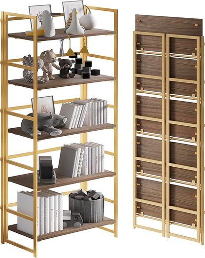 No-Assembly Folding Gold Bookshelf Storage Shelves 5 Tiers Vintage Multifunctional Plant Flower Stand Storage Rack Shelves Bookcase for Home Office