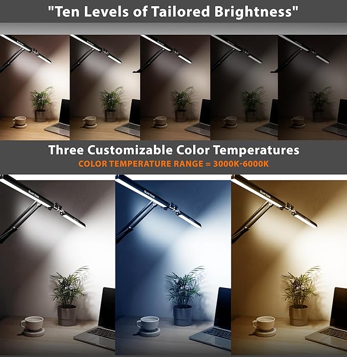 Desk Lamps for Home Office - Double Head LED Desk Lamp with Clamp, 24W, 3 Color Modes, Adjustable Arm, Eye-Caring Light for Study, Drafting, and Crafting, Black