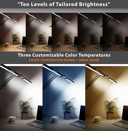 Desk Lamps for Home Office - Double Head LED Desk Lamp with Clamp, 24W, 3 Color Modes, Adjustable Arm, Eye-Caring Light for Study, Drafting, and Crafting, Black
