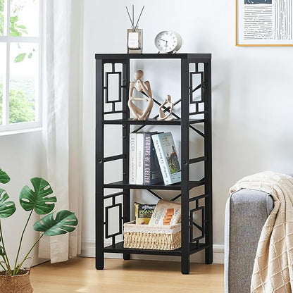 Bookshelf, Vintage Industrial 4 Tier Bookshelf, Freestanding Narrow Bookcase with Rustic Wood and Metal, Small Bookshelf for Home Office, Bedroom & Living Room, Black