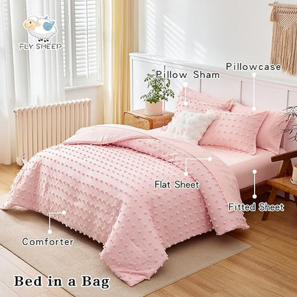 6 Pieces Tufted Dots Bed in a Bag Twin Comforter Set Girls Pink , Soft and Embroidery Shabby Chic Boho Bohemian Comforters, Luxury Solid Color with Pom Pom Design, Jacquard Tufts Bedding Set for Kids