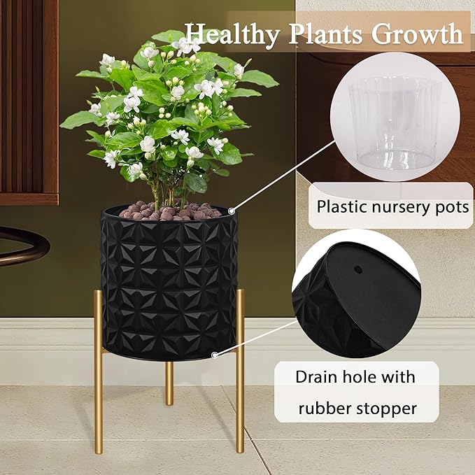 ARNIS Modern Planter Pots, Set of 2 Large Planters with Stand, Decorative Planters, Metal Pots with Drainage Holes for Living Room, Office, Garden or Balcony, 10.5 &12.25 Inch, Matte Black