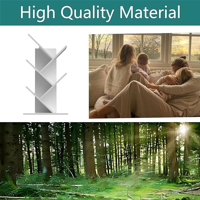 Tree Bookshelf, 5 -Tier Book Storage Organizer Shelves Floor Standing Bookcase, Wood Storage Rack for Office Home School Shelf Display for Cd/Magazine（White）