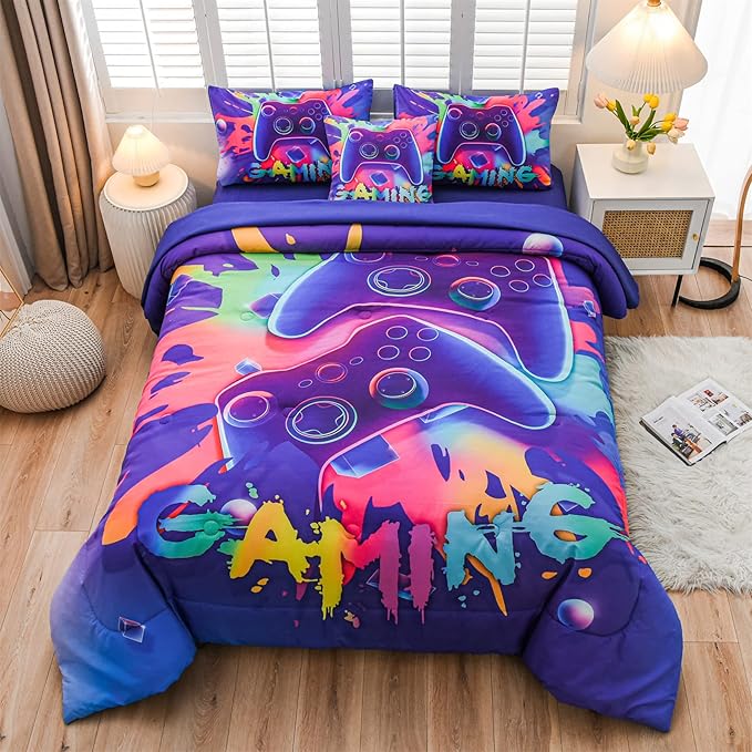 Aimuan Gaming Comforter Sets for Boys Kids Bedding Sets Video Games Console Action Buttons Novelty Colorful Game Gamepad Controller Modern Gamer Room Decor Home Quilt Set (Queen 6 Pcs,Purple)