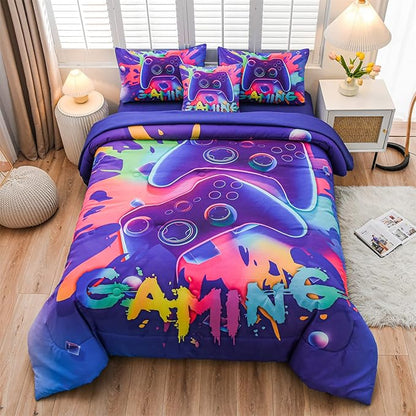 Aimuan Gaming Comforter Sets for Boys Kids Bedding Sets Video Games Console Action Buttons Novelty Colorful Game Gamepad Controller Modern Gamer Room Decor Home Quilt Set (Queen 6 Pcs,Purple)