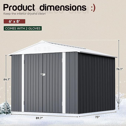 GUNJI 8 x 6 FT Shed Outdoor Storage Shed Metal Garden Shed with Lockable Door Outside Waterproof Tool Shed for Backyard, Patio, Lawn (Gray)
