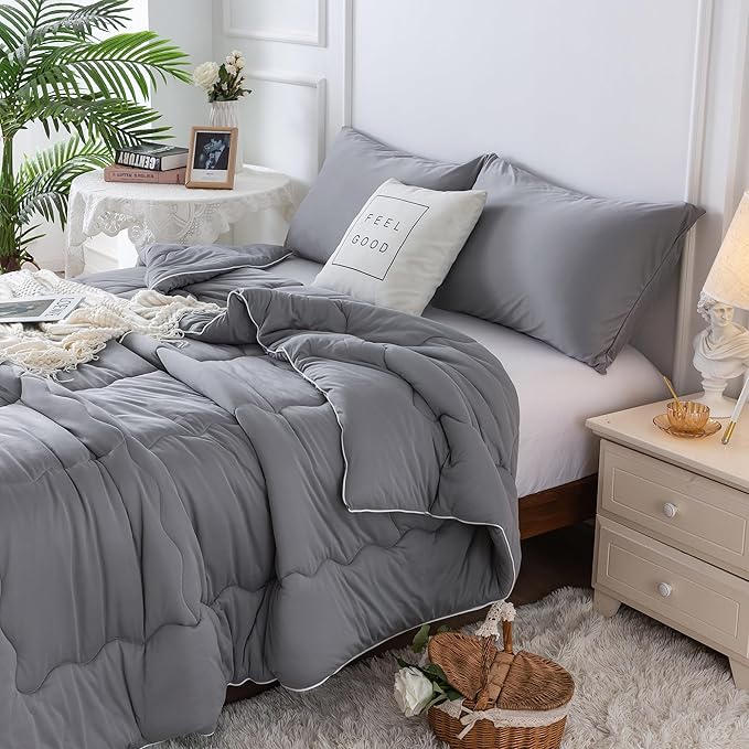 COTTEBED Ultra-Soft Comforter Set Queen/Full Size Bed, Jersey Knit T-Shirt Feeling Fluffy Cozy Comy Durable Lightweight Quilt Bedding Down Blanket & 2 Pillowcase for All Season Use, Dark Grey