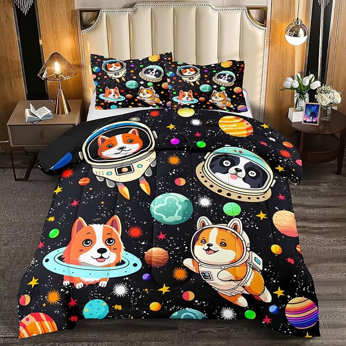 Outer Space Dog Comforter Sets Queen Size Cute Dog Bedding Set Cartoon Dog Astronaut Comforter Sets for Kids Girls Boys Colorful Space Dog Soft Microfiber Queen Bedding Set with 2 Pillowcases