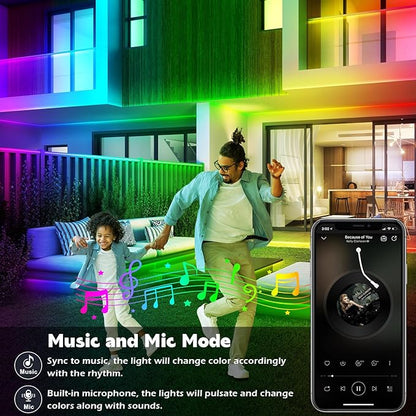 200ft Outdoor LED Strip Lights Waterproof 1 Roll,IP68 Outside Led Light Strips with App and Remote,Music Sync RGB Exterior Rope Self Adhesive Back for Deck,Balcony,Pool