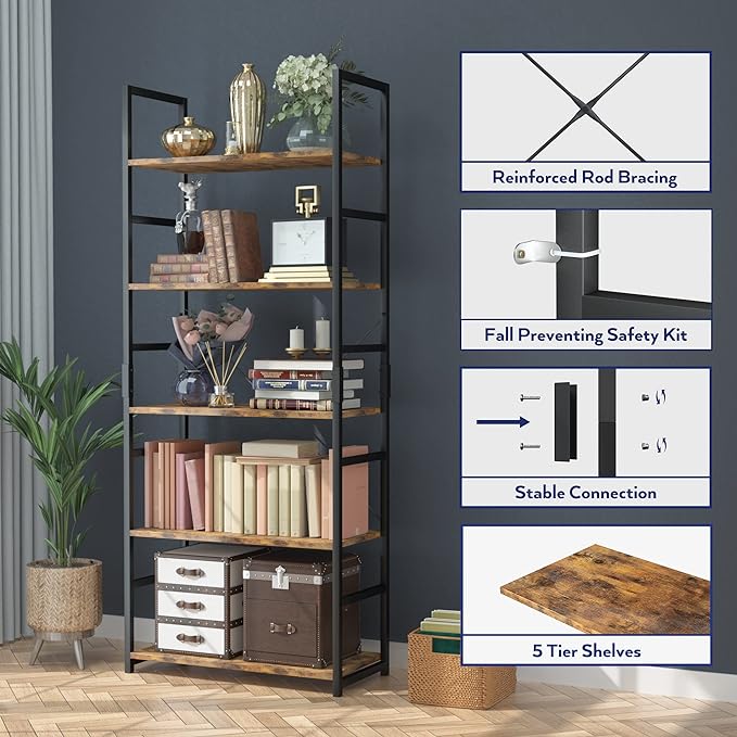 NUMENN 5 Tier Bookshelf, Tall Bookcase Shelf Storage Organizer, Modern Book shelf for Bedroom, Living Room and Home Office, Vintage