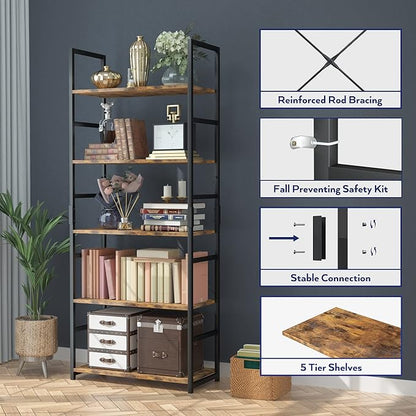 NUMENN 5 Tier Bookshelf, Tall Bookcase Shelf Storage Organizer, Modern Book shelf for Bedroom, Living Room and Home Office, Vintage