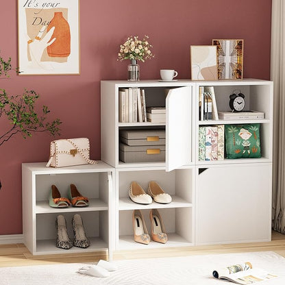 Storage Cube 2 Tires White Stackable Storage Shelf with Door, Cubby Organizer Wooden Display Shelf Closet Organizer,Modern Cubical Bookcase Small Storage Cabinet for Living Room Bedroom