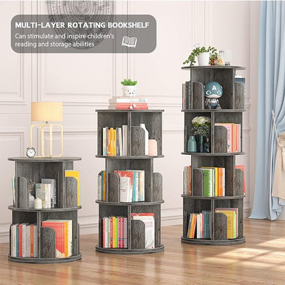 Aheaplus Rotating Bookshelf, 360 Display Corner Bookshelf for Small Space, 4 Tier Floor Standing Bookcase Storage Rack, Wood Narrow Book Shelf Organizer for Bedroom, Living Room, Study Room, Grey Oak