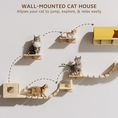 26-in-1 Cat Wall Shelves with Cat Tree, 40''L Tunnel, Moon, Beige | Wall Mounted Cats Furniture Set with Plush Fabric, Cat Climbing Systems for 16 Inch Drywall, with Scratching Posts, Bridge