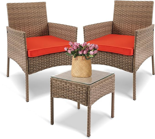 YIYAN 3 Pieces Patio Bistro Set Outdoor Wicker Furniture Outdoor Porch PE Rattan Wicker Chairs Furniture Sets with Sofa Chairs,Glass Coffee Table and Red Washable Cushion
