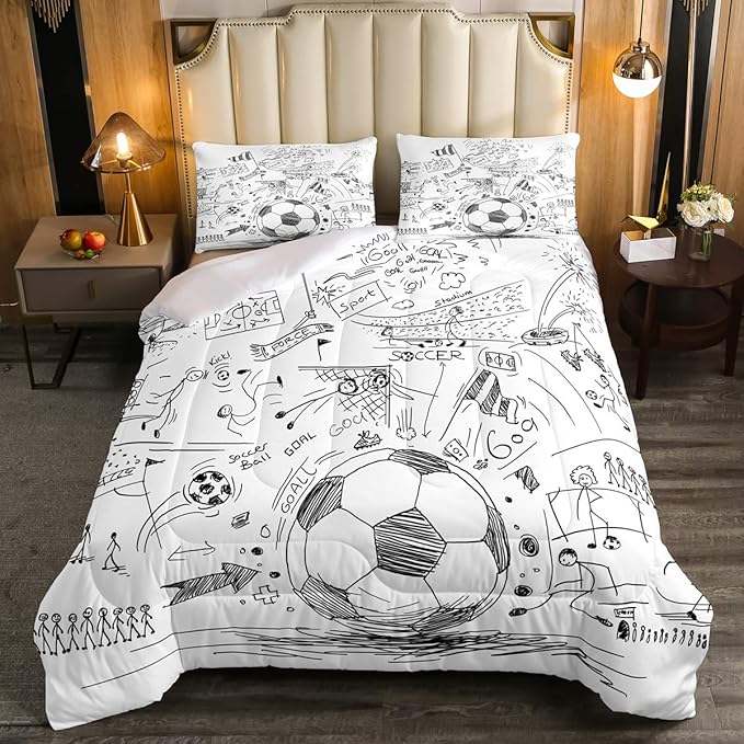 Erosebridal Boys Football Comforter Set Twin Hand Drawn Soccer Bedding Set for kids teen men Sports Games down comforter Black White Sketch Quilt Duvet Insert 1 Comforter with 1 Pillow Case