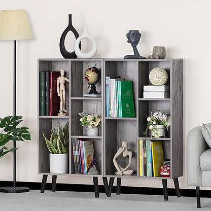 5 Cube Small Bookshelf,3 Tier Mid-Century Modern Bookcase with Legs,Wood Bookshelves Storage Organizer Shelf,Free Standing Narrow Book Shelves,Rustic Grey Corner Bookcases for Bedroom,Living Room