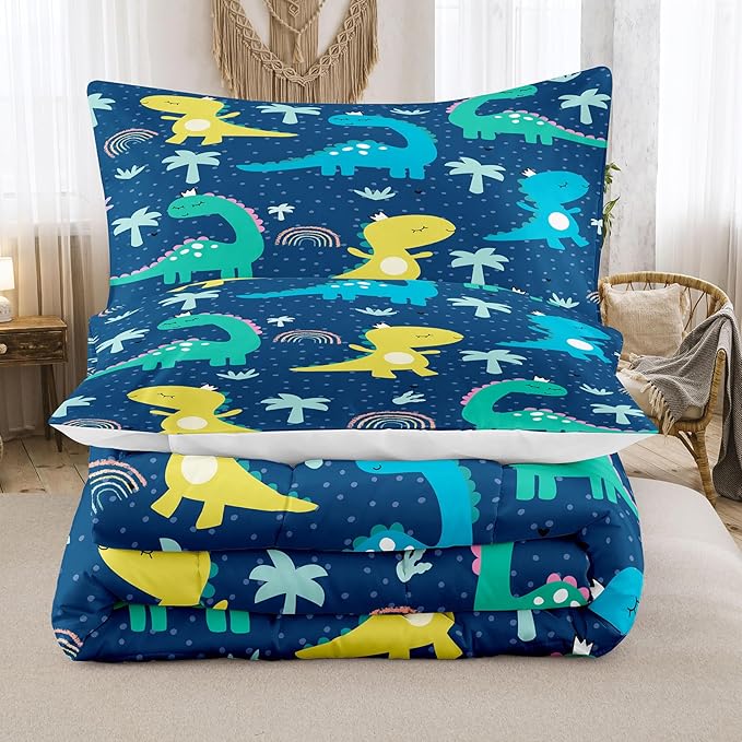 NINENINE Dinosaur Bedding Sets Twin Comforter Sets for Boys,Dark Blue Dinosaur Bedding Sets,Kawaii Cartoon Comforter Sets with 1 Comforter 1Pillowcase