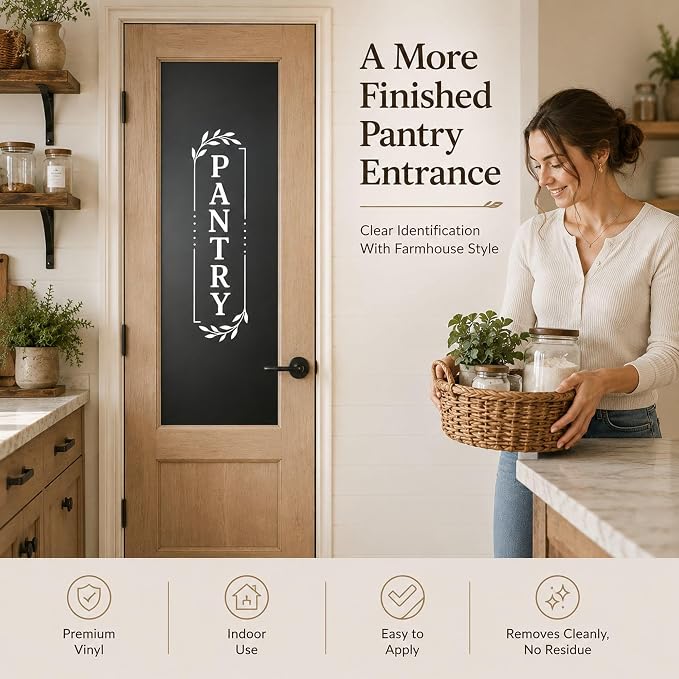 Pantry Door Farmhouse Vinyl Decal: White 5 x 18 Inches | Vertical White Pantry Lettering For Glass Doors With Waterproof Removable No Residue Vinyl