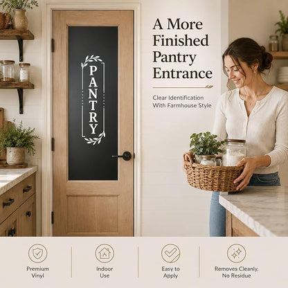 Pantry Door Farmhouse Vinyl Decal: White 5 x 18 Inches | Vertical White Pantry Lettering For Glass Doors With Waterproof Removable No Residue Vinyl