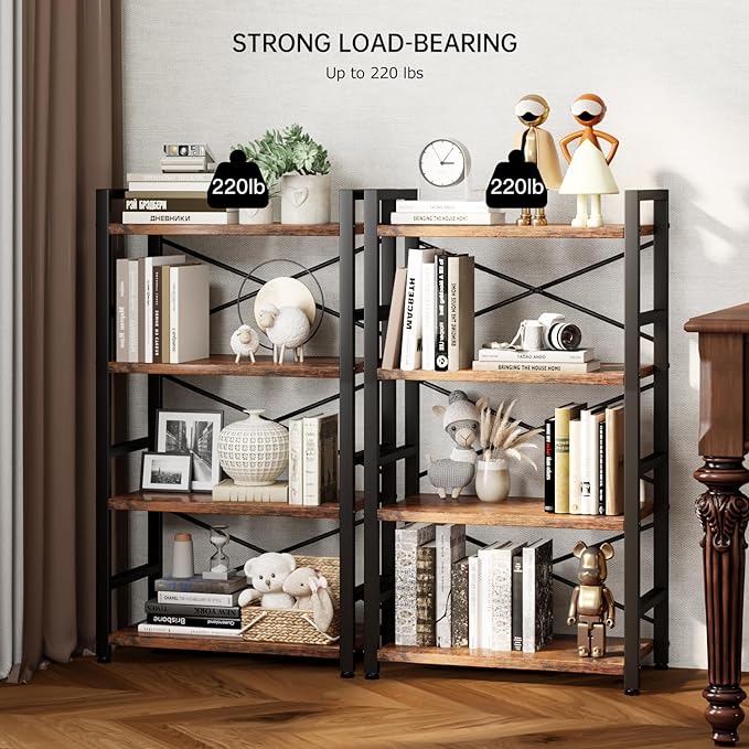 Bookshelf, 4 Tier Small Bookcase, Organizers and Storage, Metal Small Bookcase, Rustic Book Shelf Organization and Storage for Living Room, Bedroom, and Home Office(Rustic Brown)