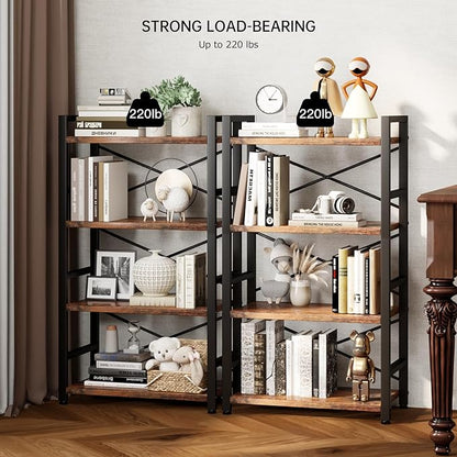 Bookshelf, 4 Tier Small Bookcase, Organizers and Storage, Metal Small Bookcase, Rustic Book Shelf Organization and Storage for Living Room, Bedroom, and Home Office(Rustic Brown)