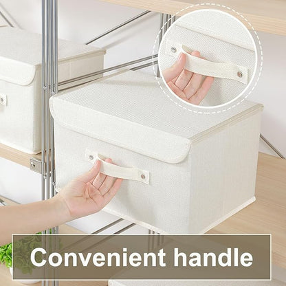 Storage Boxes, Collapsible Storage Bins with Lids, Cotton and linen cloth Storage Baskets with Handle, for Books, Closet, Bedroom, Home, 13x9.1x7.9 in, Beige